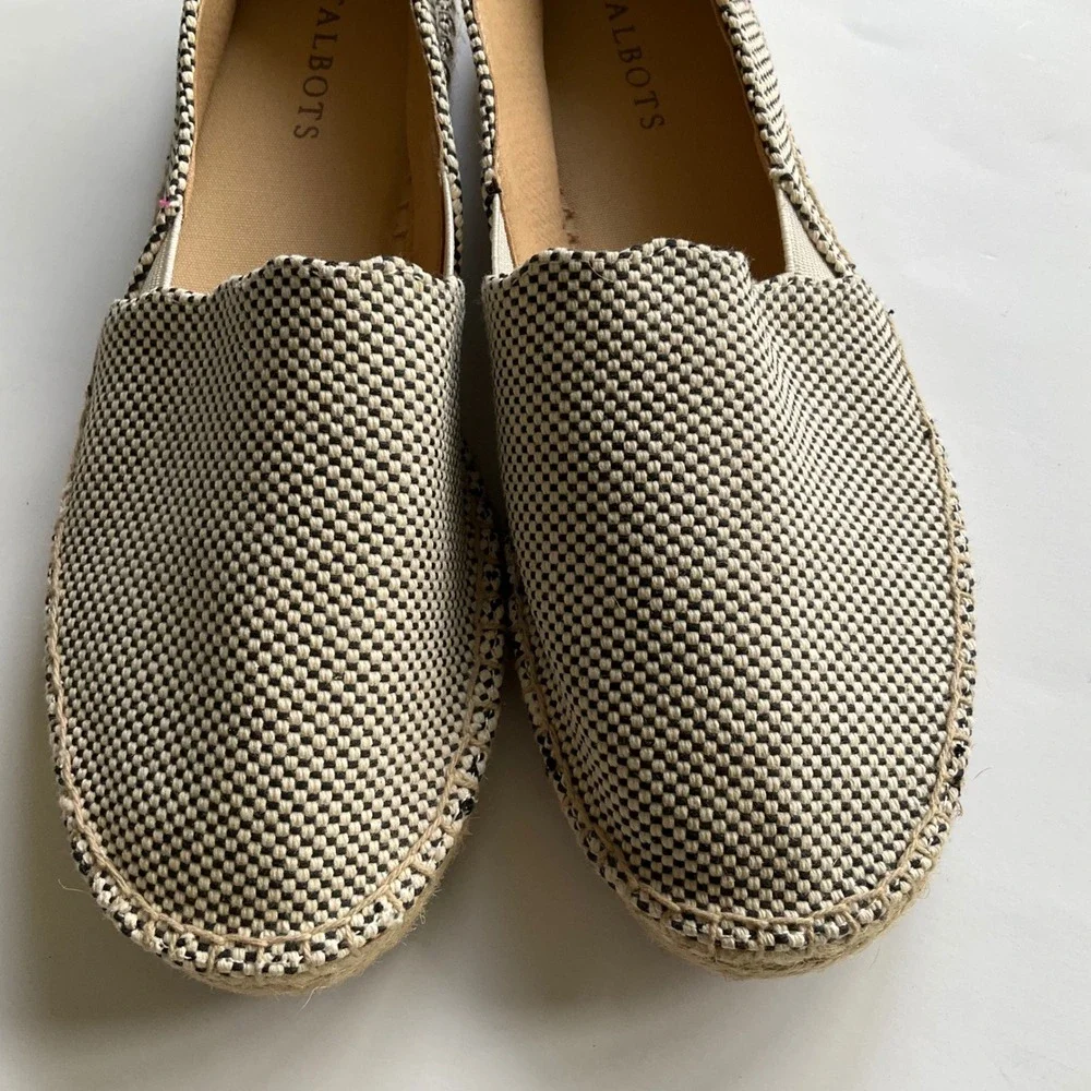 Talbots Black White Woven Espadrille Flats Shoes Sz 9M Slip On Jute Gingham NWOT